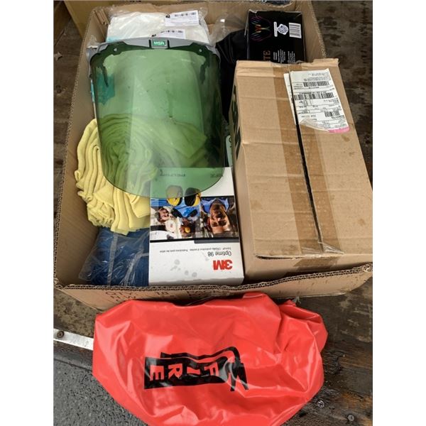 BOX OF WORK GLOVES, FACESHIELD, EARMUFFS, KEVLAR SLEEVES, SAFETY GLASSES AND MORE ALL NEW