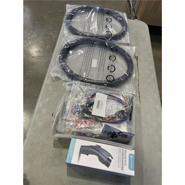 ASSORTED AUTOMOTIVE ELECTRICAL AND FUSES, 2 WHEEL COVERS AND NEW TESLA TO J1772 POWER ADAPTER