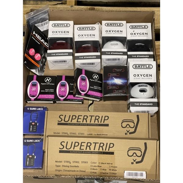 ASSORTED NEW SPORTING GOOD ITEMS, OXYGEN MOUTH GUARDS, SNORKELS, COMBINATION LOCKS ETC