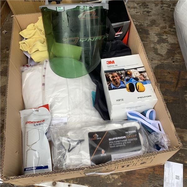 BOX OF WORK GLOVES, FACESHIELD, EARMUFFS, KEVLAR SLEEVES, SAFETY GLASSES AND MORE ALL NEW