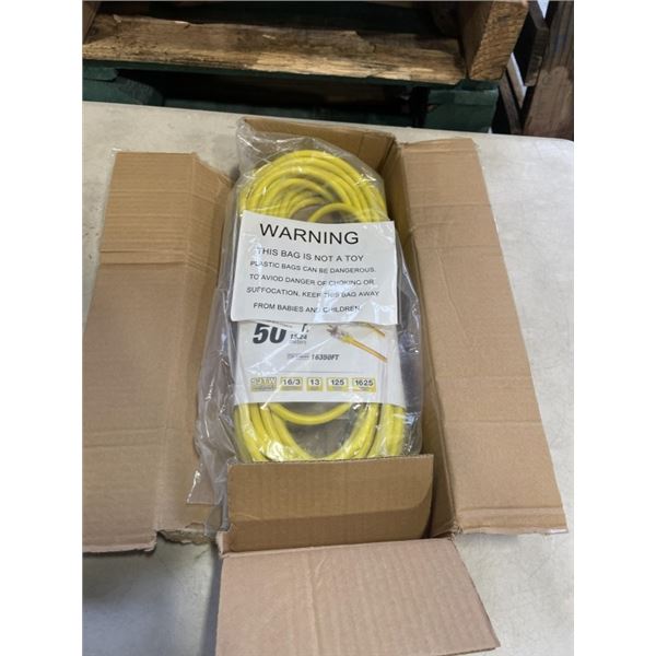 AS NEW 50FT YELLOW  INDOOR OUTDOOR HEAVY DUTY LIGHTED 3 WIRE GROUNDED EXTENSION CORD 16AWG