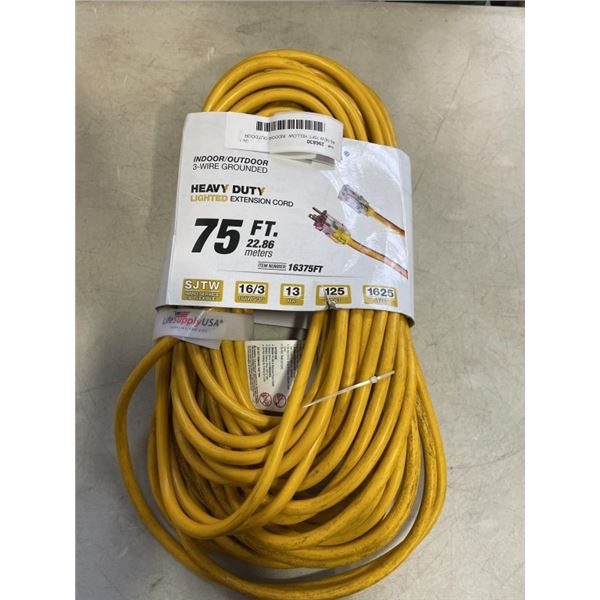 AS NEW 75FT YELLOW  INDOOR OUTDOOR HEAVY DUTY LIGHTED 3 WIRE GROUNDED EXTENSION CORD 16AWG