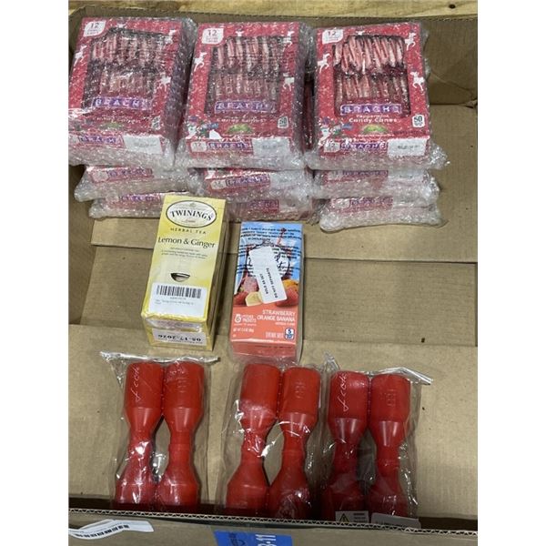 ASSORTED CNADY CANES, TREATS AND SNACKS, TEA ETC