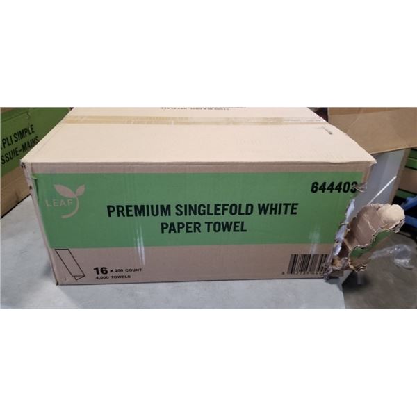 NEW CASE OF PREMIUM SINGLE FOLD WHITE PAPER TOWELS - 16 BUNDLES OF 250, 4000 TOTAL