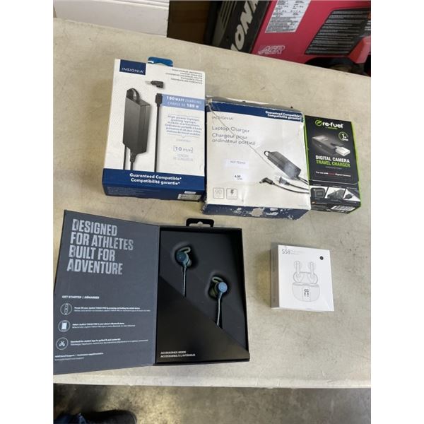 ASSORTED ELECTRONICS, CHARGERS, HEADSETS INCLDUDING JAYBIRD BLUETOOTH, AND REFUEL CHARGER