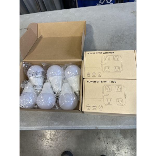 2 NEW POWER STRIPS WITH USB AND 6 PACK LED E26 BULBS