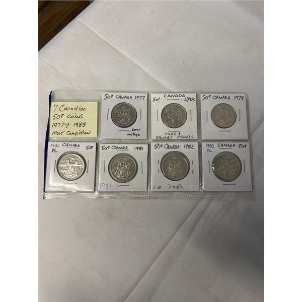 7 CANADIAN 50 CENT COINS 1977 - 1983 MINT CONDITION