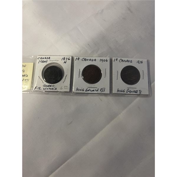 3 CANADIAN LARGE CENTS 1876 H QUEEN VICTORIA, 1906 QUEEN VICTORIA, 1916 KING GEOREG V