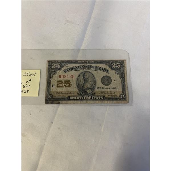 1923 25 CENT DOMINION OF CANADA BILL, JULY 2, 1923