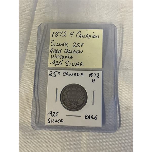 1872 H CANADIAN SILVER 25 CENT RARE QUEEN VICTORIA .925