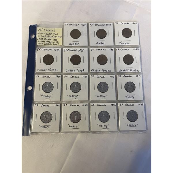 15 SPECIAL WORLD WAR 2 5 CENT CANADIAN COINS, 1942 TOMBAC, 1943 VICTORY TOMBAC, 1944 AND 1945 VICTOR