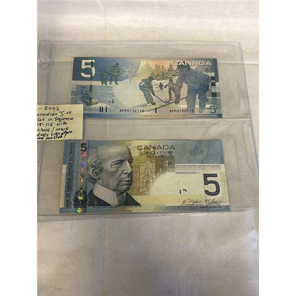 2 - 2006 CANADIAN $5 BILLS IN SEQUENCE W/ JENKINS AND MARK CARNEY SIGNATURE
