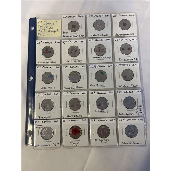 19 SPECIAL CANADIAN 25 CENTS 2004-2017 MOSTLY COLOURED