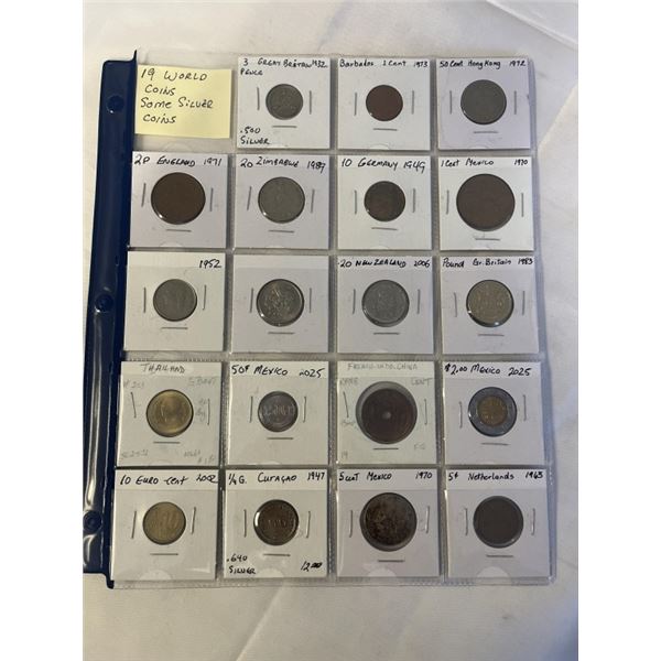 19 WORLD COINS, SOME SILVER