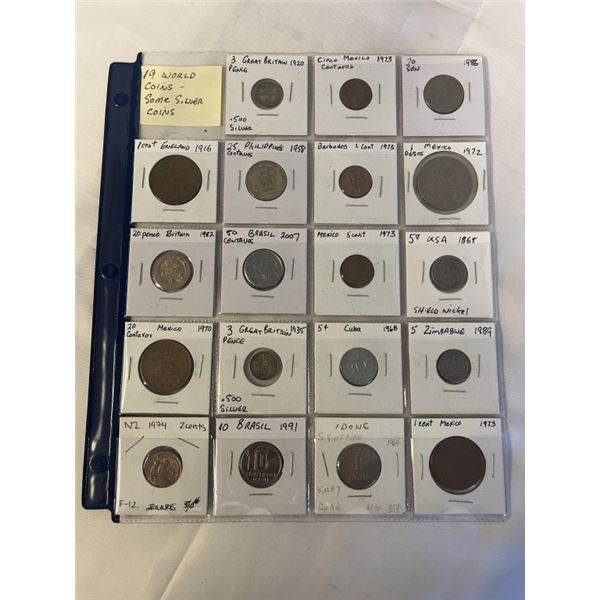 19 WORLD COINS, SOME SILVER
