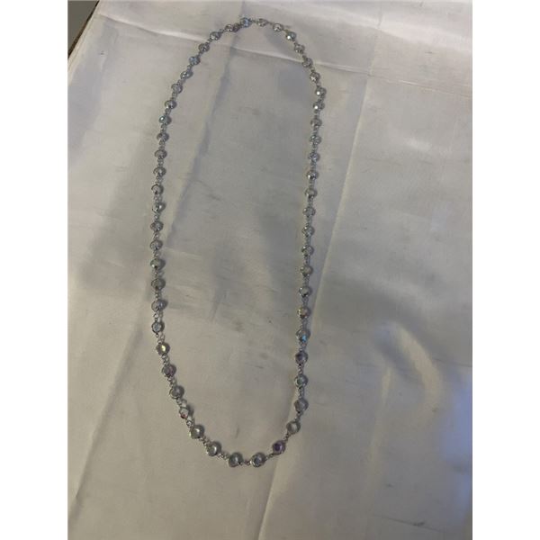 SILVER W/ AURORA BOREALIS CRYSTAL STONES SWAROVSKI NECKLACE, EXTREME LENGTH 35" MARKED W/ SWAN