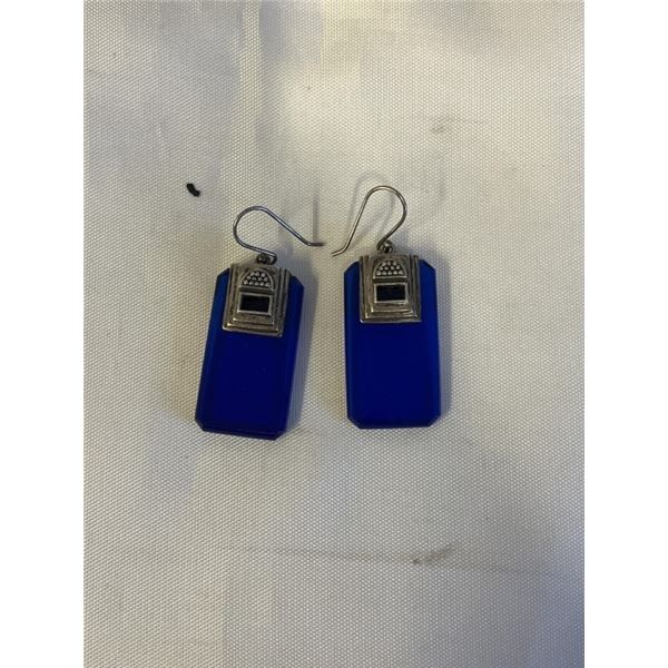 PAIR OF STERLING SILVER W/ BLUE ART GLASS DANGLE EARRINGS, MARKED 925