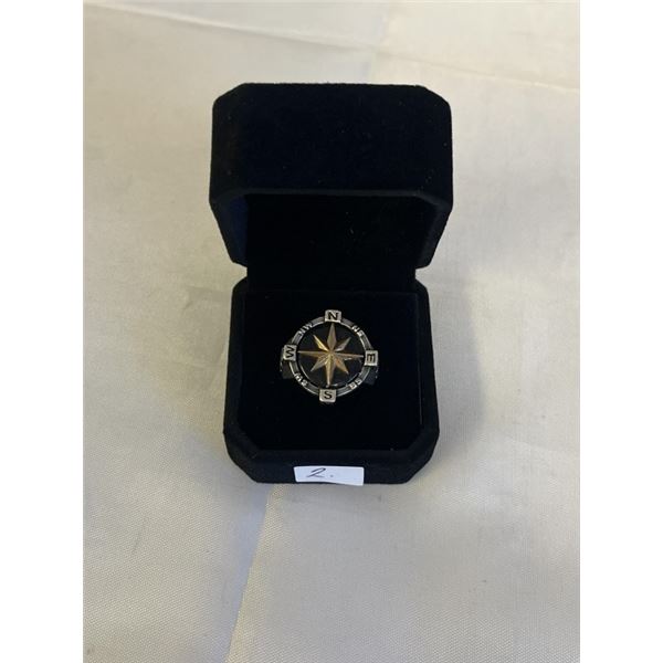 SOLID VINTAGE STERLING SILVER COMPASS RING, W/ GOLD STAR CENTER, MARKED 925 BS SIZE 9