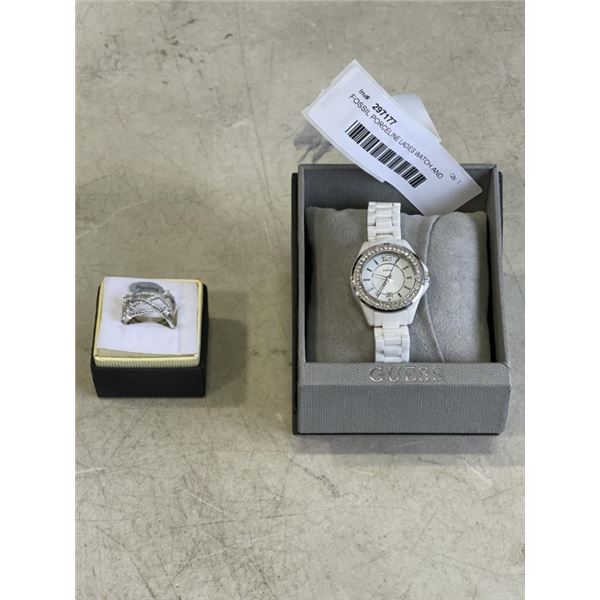 FOSSIL PORCELINE LADIES WATCH AND STERLING SLIVER RING BAND