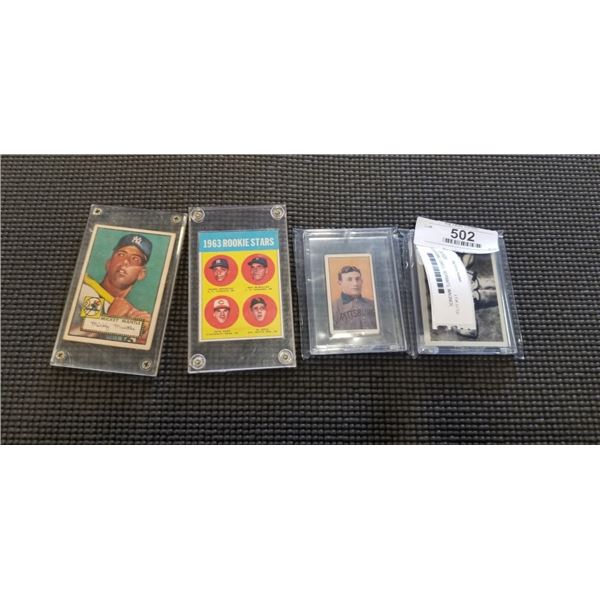 4 OLD BASEBALL CARDS, REPRINTS, WAGNER, BO, ROOKIES AND MICKEY MANTLE