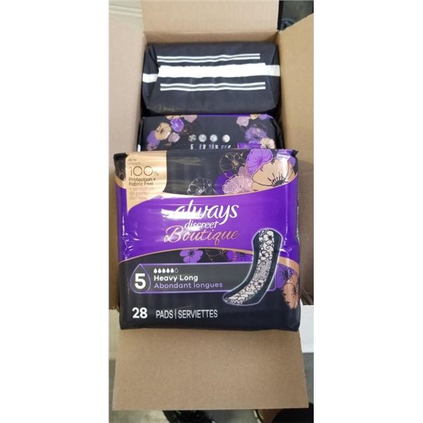 NEW CASE OF ALWAYS DISCREET BOUTIQUE PADS, 28 PER BAG, 3 BAGS PER BOX