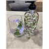 Image 3 : SET OF 4 GLASS GOBLETS W/ HEART SHAPE, HAND PAINTED STEMLESS WINE GLASSES AND SOAP/ LOTION DISPENSER