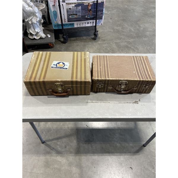 2 ANTIQUE HARD SMALL SUITCASES WITH VINTAGES THERMOS' AND ELECTRIC WALL BELL