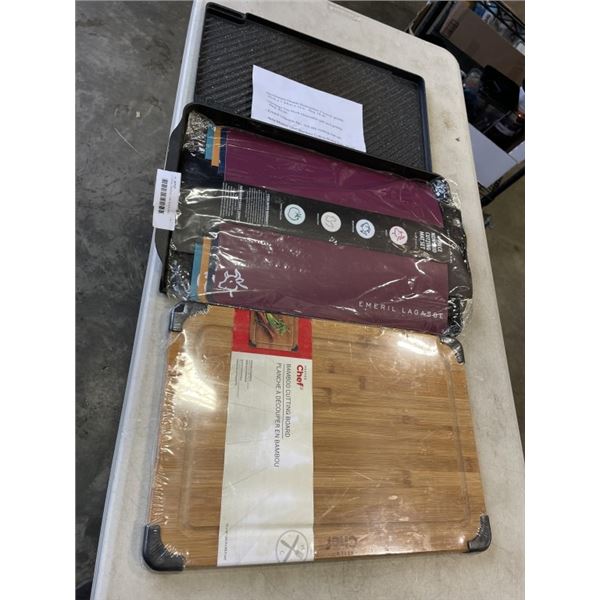 2 COOKING GRIDDLE, THE ROCK AND NORDICWAVE, ONE IS REVERSIBLE, NEW BAMBOO CUTTING BOARD AND 4PC PLAS