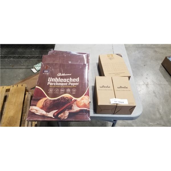 400 SHEETS OF NEW PARCHMENT PAPER, SOAP DISPENSERS AND 2 NEW ELECTRIC COFFEE GRINDERS