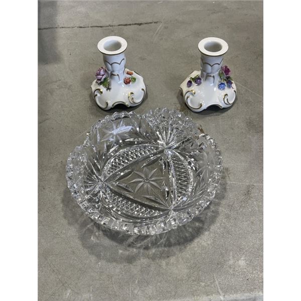 2 VINTAGE DRESDAN HAND PAINTED PORCELAIN CANDLE STICKS AND ANTIQUE AMERICAN BRILLIANT PERIOD CUT CRY