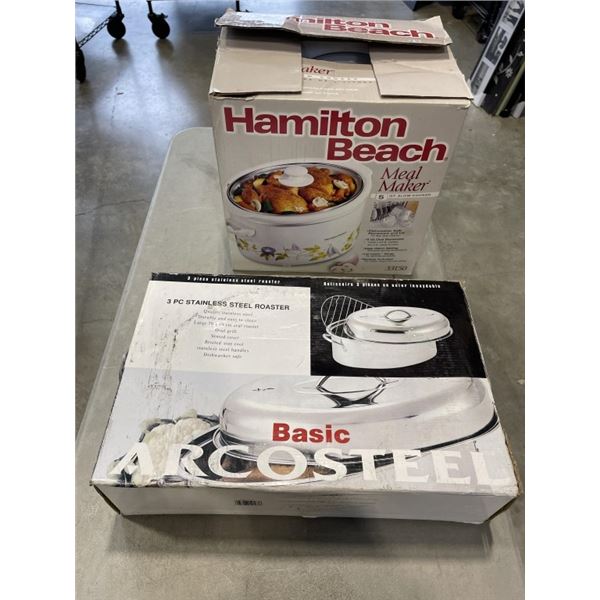 3 PIECE STAINLESS STEEL ROASTER AND HAMILTON BEACH SLOW COOKER