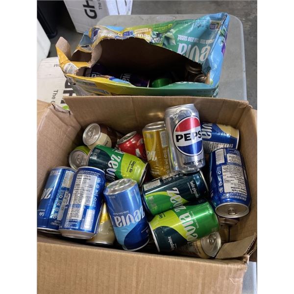 BOX OF ASSROTED DRINKS ZEVIA, ALANI, ETC, AND OPEN CASE OF ZEVIA SOFT DRINKS