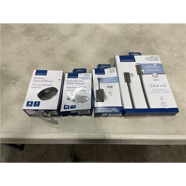 INSIGNIA USB-C VR HEADSET CABLE WITH WIRELESS MOUSE, USB TO VGA CALBE, AND MULTI MONITOR HDMI ADAPTE