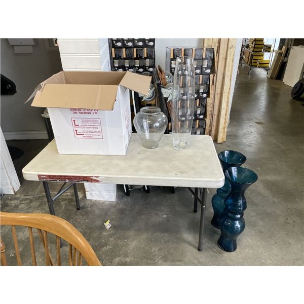 LARGE LOT OF GLASS AND POTTERY VASES AND JUGS