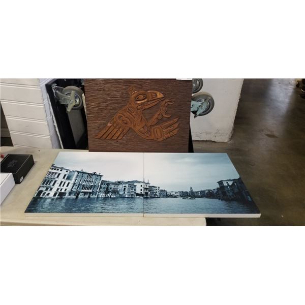 WOOD NATIVE CARVING AND SET OF 2 DECORATIVE PICTURES