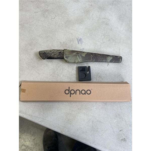 2 NEW 6 INCH CAMO FILET / HUNTING KNIFE WITH SHEATH AND SHARPENER, 12 INCH OVERALL LENGTH