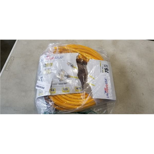 AS NEW INDOOR/OUTDOOR 3 WIRE GROUNDED HEAVY DUTY ETENSION CORD 75FT 12AWG 15A YELLOW CORD