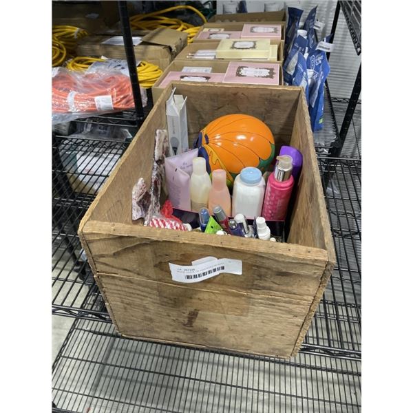 WOOD CRATE OF ASSORTED BEAUTY PRODUCTS