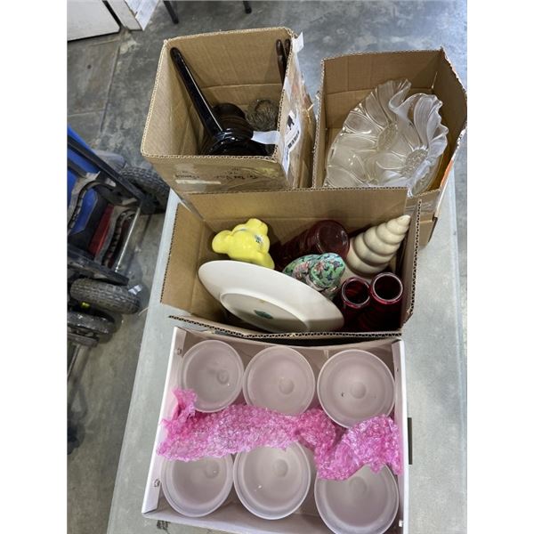 4 BOXES OF ASSORTED POTTERY AND GLASS WARE, CANDLE HOLDERS, FIGURES, ETC