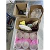 Image 1 : 4 BOXES OF ASSORTED POTTERY AND GLASS WARE, CANDLE HOLDERS, FIGURES, ETC