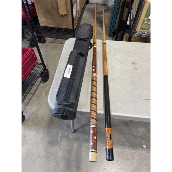 2 POOL CUES AND CARRY CASE, ONE IS MISSING TIP