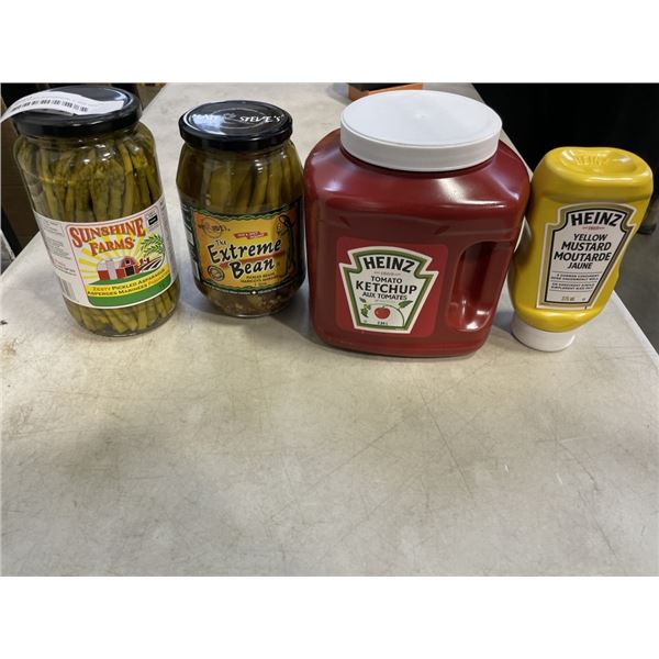 1 JAR OF PICKLED ASPARGUS, 1 JAR OPF PICKLED BEANS, 2.84L KETCHUP AND HEINZ MUSTARD