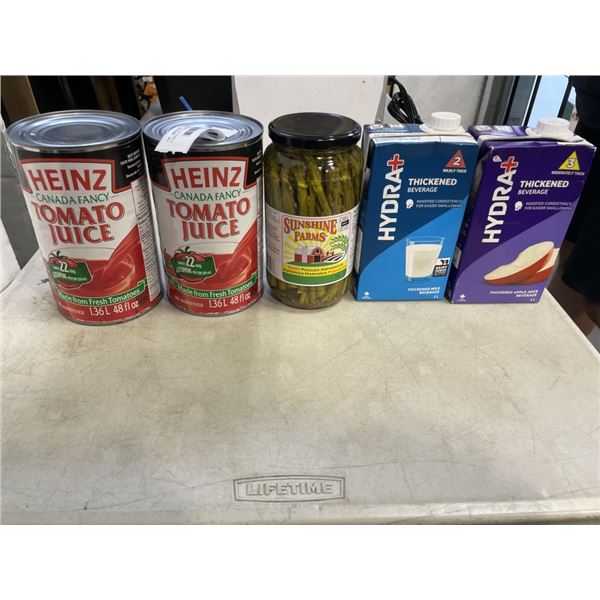 2 CANS OF TOMATOE JUICE, 1 PICKELED ASPARAGUS, AND 2 HYDRA PLUS DRINKS