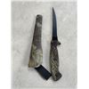 Image 2 : 2 NEW 6 INCH CAMO FILET / HUNTING KNIFE WITH SHEATH AND SHARPENER, 12 INCH OVERALL LENGTH