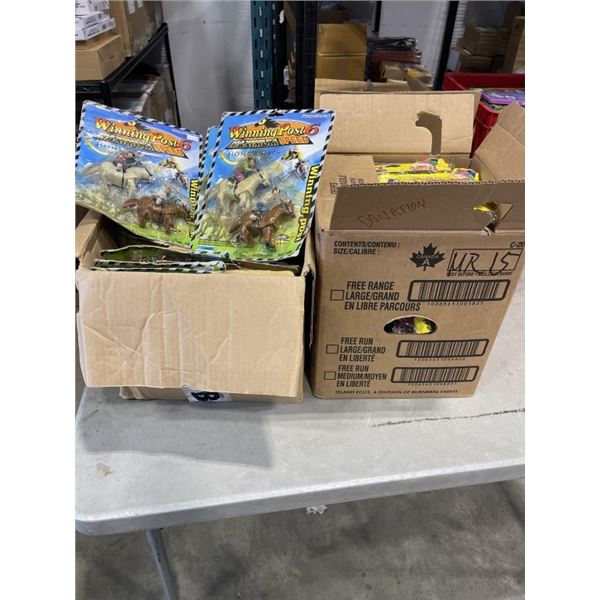 CASE OF NEW HORSE RACE TOYS AND CASE OF PARTY FAVORS