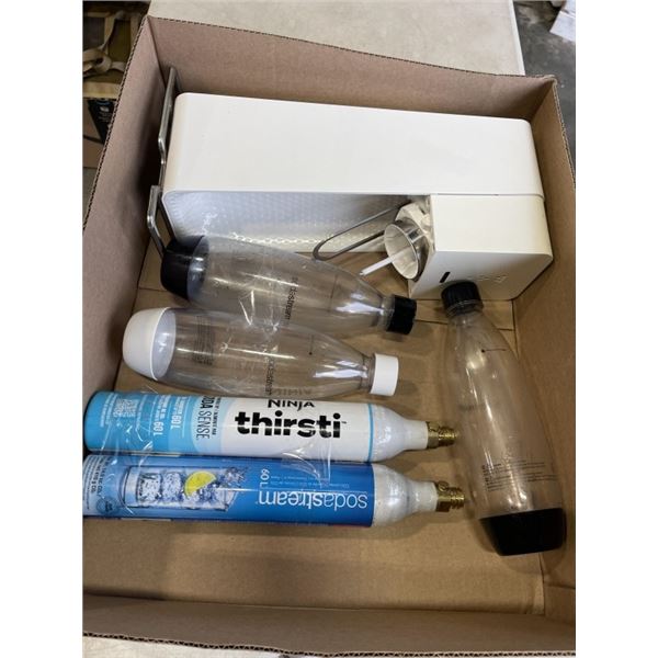 SODA STREAM MACHINE WITH BOTTLES AND 2 EMPTY CANNISTERS