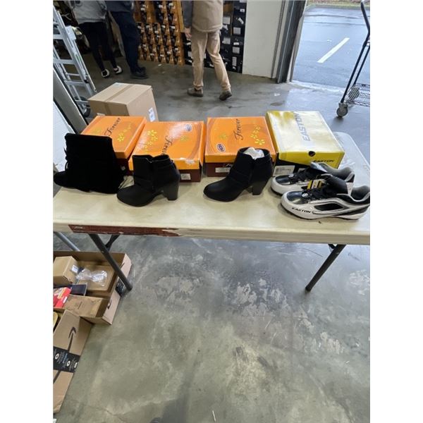3 NEW PAIRS OF LADIES BOOTS AND PAIR OF CLEATS