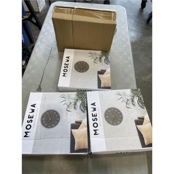 NEW SET OF 8.5 OZ DOUBLE WALL MUGS AND 3 NEW 10 INCH WALL CLOCKS