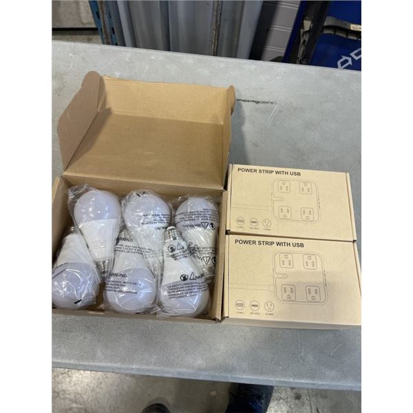 2 NEW POWER STRIPS WITH USB AND 6 PACK LED E26 BULBS