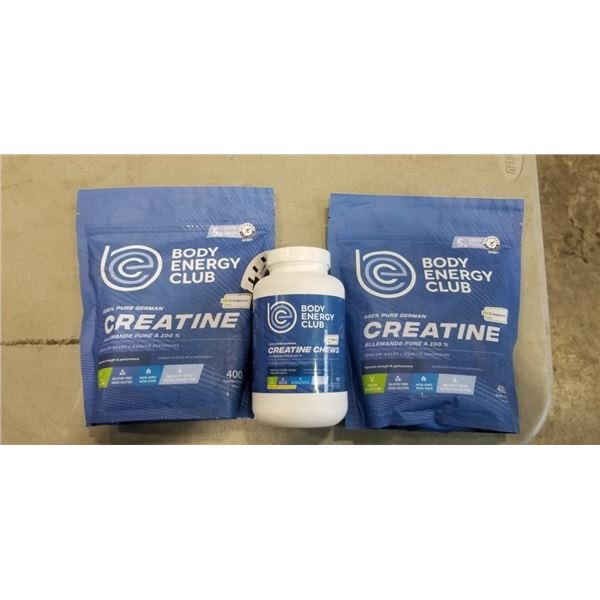 LOT OF NEW BODY ENERGY CLUB SUPPLEMENTS CREATINE POWDER AND CREATINE CHEWS